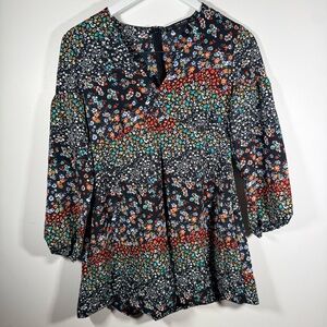 Zara Basic Floral Patchwork Romper Black Long Sleeve V Neck Small